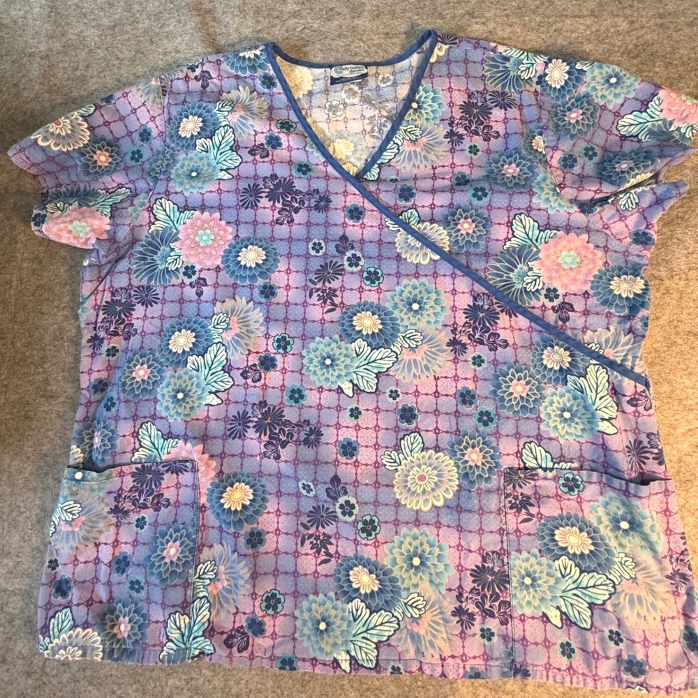 Comfy Cotton Scrubs Womens 3XL Blue Purple Floral Mock Wrap V-Neck Scrub Top